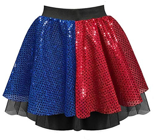 Clown-Rock für Damen, rot-blau, 4 Stile – Harlekin, Super-Bösewicht, Halloween-Kostüm Gr. One size, Pailletten