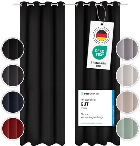 Blumtal Verdunklungsvorhänge 2er Set - Thermovorhang Hitzeschutz - Vorhang Blickdicht mit Ösen - Gardinenschals mit Schlaufen - Gardinen 265x140 cm - Vorhangschals 2er Set - Gardinen Schwarz