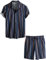 VATPAVE Herren Hawaii Hemd Blumen Sommer Outfit Männer Freizeit Kurzarm Strandhemd und Kurze Hosen 2 Teiler Set Urlaub XX-Large Marine
