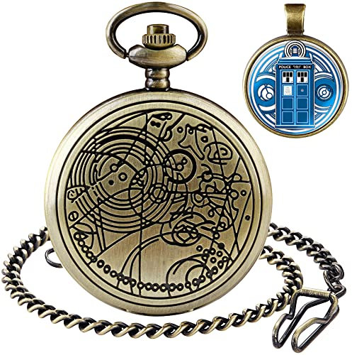 Tiong Doctor Who Taschenuhr mit Bronze Gehäuse Quarz Voll Hunter weißes Zifferblatt und Kette Herren Retro Dr Who Halskette Anhänger