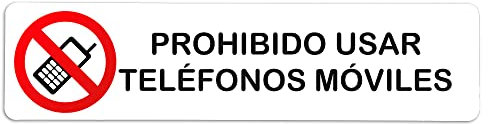 Becral® - Señal adhesiva de PVC PROHIBIDO TELEFONOS MOVILES | Placa puerta PVC BLANCO | Señal informativa | Cartel Puerta 200X50mm