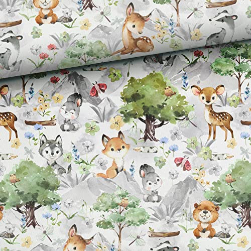 Keine Meterware, Stoffe zum Nähen, Stoff für Kinder, 92% Baumwolle: 0,5m Jersey Stoff mit Tiere wie Fuchs Hase Wolf Dachs Biber Reh Vogel Schmetterling und Blumen - Mädchen Waldtiere Miniliebe