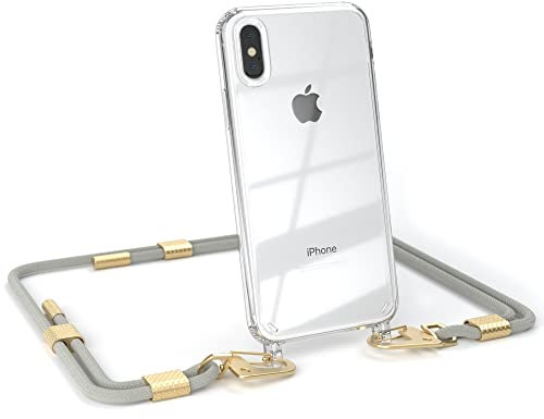 EAZY CASE - kombinierbare Handyketten kompatibel mit iPhone X/XS, Transparente Silikon-Hülle mit stylischen rundem Umhängeband, Abnehmbarer Karabiner, Hülle, Gurt zum wechseln, Taupe - Clips Gold