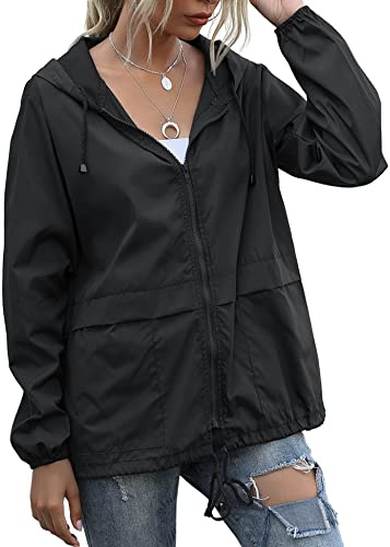 JMinger Waterproof Rain Jackets for Women Hooded Windbreaker Lightweight Raincoat for Outdoor Hiking Travel Black Large