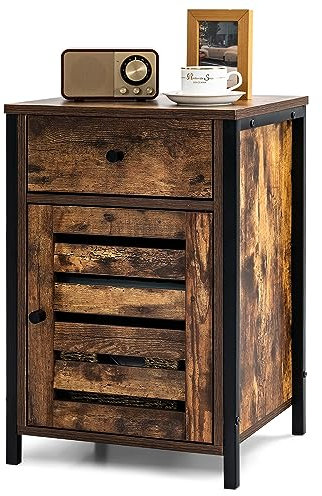 KOMFOTTEU Table de Chevet, Style Industriel, Table de Nuit, avec 1 Armoire à Portes & 1 tiroir, Table d’appoint, avec Étagère Réglable, idéal pour Salon, Chambre, Bureau, Marron Rustique