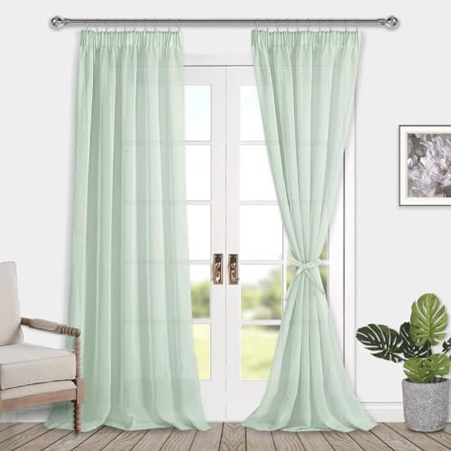 DWCN Voile Vorhänge mit Kräuselband Leinenoptik 2 Stücke Halbtransparent Vorhänge für Wohnzimmer,Durchsichtige Gardinen Extra Lang,Grün,260x140cm (Höhe x Breite)