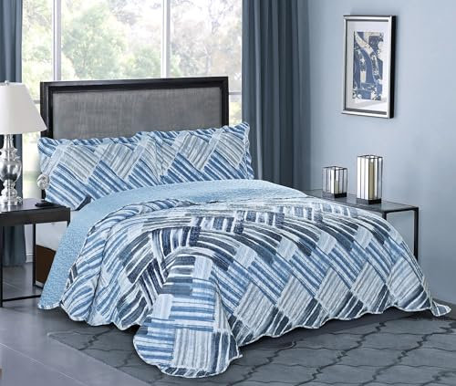 Brilliant Sunshine Blau-graues Patchwork-Streifen-Patchwork, 3-teiliges Steppdecken-Set mit 2 Kissenbezügen, wendbare Tagesdecke, weiche, leichte Decke, Ganzjahresdecke, Kingsize, Blaugrau