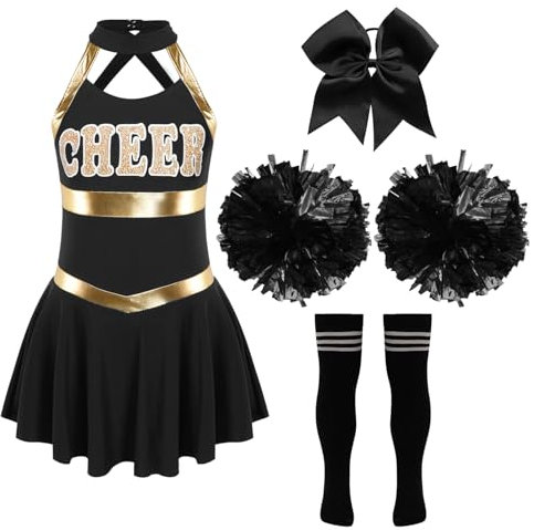 Alvivi Mädchen Cheerleaderin Kostüm Cheerleading Uniform Halloween Kostüm Kleid mit Pompoms Socken Haarschmuck Karneval Fasching Party Kostüm Aa Schwarz&Weiß 158-164