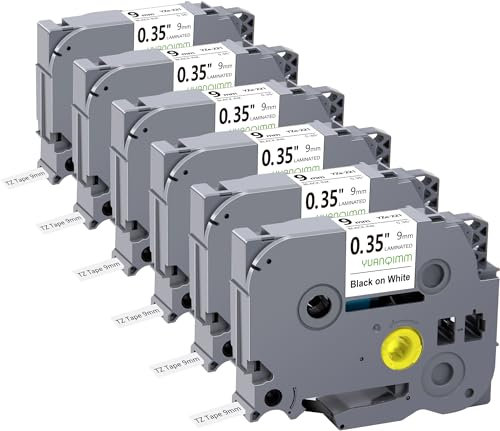 6x Yuanqimm TZe-221 TZe221 9mm Kompatibel mit Brother P-touch Bänder 9mm TZ-221 TZ221 Schwarz auf Weiß Schriftband für Brother PT-D400 PT-H100LB PT-H105 PT-D200 PT-1000 PT-H110 PT-H101 PT-H107B D210