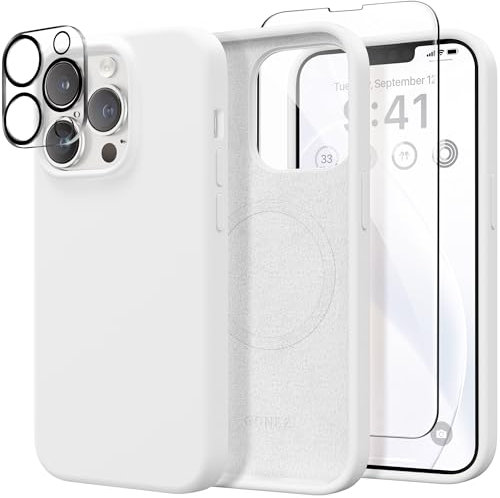 GONEZ Magnetic for iPhone 13 Pro Case, Compatible with MagSafe, [Screen Protector + Camera Protection], Shockproof Silicone Slim Phone Case 6.1″, Soft Anti-Scratch Microfiber Lining, White