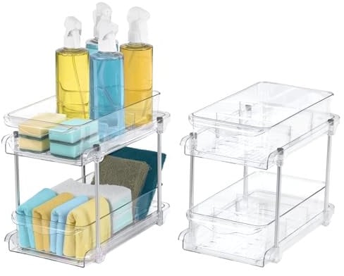 FiNeWaY Set of 2 Under Sink Storage Kitchen Organiser- 2 Tier Sliding Multipurpose Storage Unit - Adjustable Dividers For Versatile Use - Perfect For Storing Kitchen Supplies, Spices, Snacks,Skincare