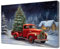 ZQQART Weihnachts Truck Leinwanddrucke altes Auto und Blume im verschneiten Bild roter Truck mit Weihnachtsbaum Poster Winterszene Gemälde (Rot,30x45cm)
