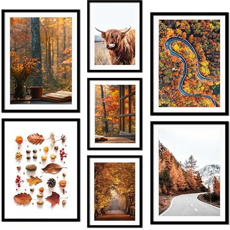 ag.art deco® Poster Set 7 Herbst Wandbilder mit Schwarz Rahmen | Herbst, Wald, Braun, Route im Wald, Schottische Kuh, Orange | Mehrteilige Wanddeko Wohnzimmer & Schlafzimmer