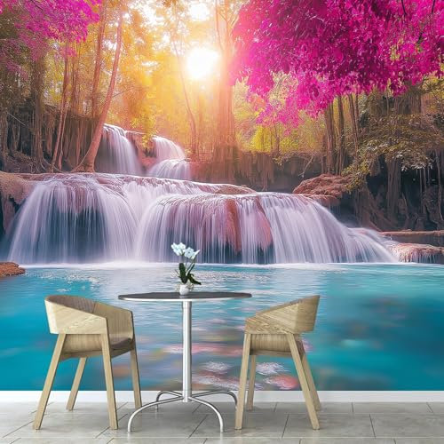 Mural de pared 3D para recámara, Bosque Cascada Puesta De Sol Papel tapiz fotográfico Plantas Naturales 150×105 cm Moderna Decoración De Pared Sala Cuarto Oficina Salón