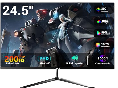 YXPC 24.5 200Hz Gaming PC Monitor, 1080P VA FHD Display, Built-in Speakers, 1ms Without Bezel, Freesync, 99% sRGB, HDR400, 178° Viewing Angle, HDMI, DisplayPort, 75x Wall Mount Compatible