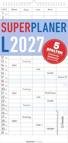 Superplaner L - 5 Spalten 2027: Familienkalender 22x45 cm mit 5 Spalten, Schulferien, Feiertagen & Notizfeld, ideal für Familienorganisation