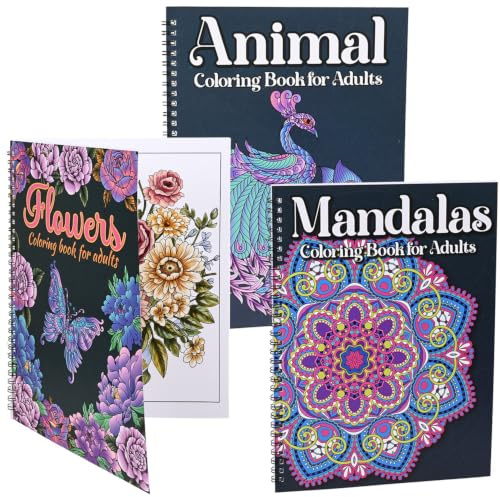 Atoke Lot de 3 livres de coloriage pour adultes, 60 motifs, Mandalas, Fleurs et Animaux, livre de coloriage mandala pour soulager le stress et la détent