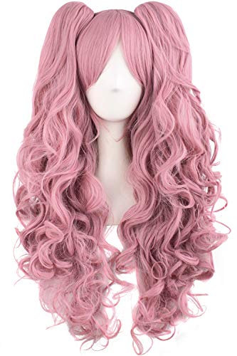 MapofBeauty Lolita lange lockige geheftet auf Pferdeschwanz Cosplay Perücke (Pinkgrau)