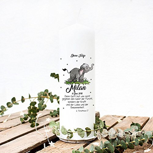 Taufkerze Kerze zur Taufe oder Geburt Kommunionkerze Elefant mit Punkten Spruch Wunschnamen & Datum wk49 ilka parey wandtattoo-welt®