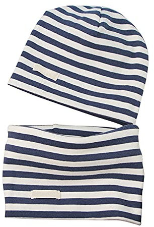 LACOFIA Baby Jungen Mädchen Beanie Mütze und Loop Schal Set Kinder Weiche 100% Baumwolle Strickmützen Kleinkind Hut und Kragen Schals Marineblauer Streifen 3-7 Jahre