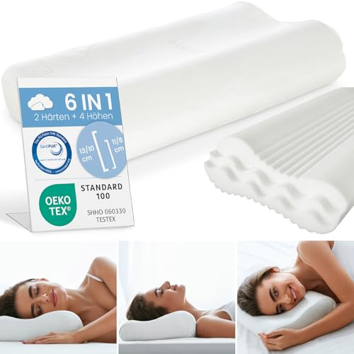 ELONEO 2er-Set Nackenstützkissen 4-fache Höhenanpassung, Kopfkissen anatomisches Kissen mit Memory Foam inkl. Aloe Vera Klima-Bezug 50 x 35 cm, Viskoschaum
