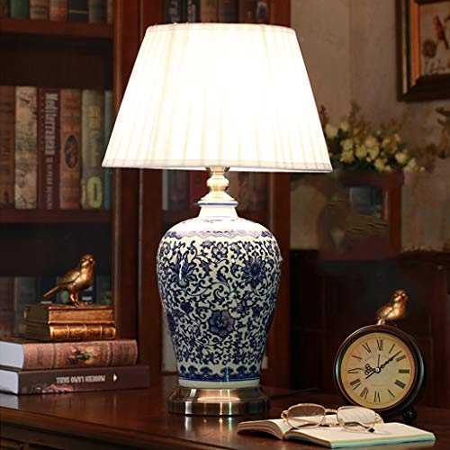 Lampe de table en Céramique Vintage, Lampe De Chevet De Chambre À Coucher Abat-Jour Plissé Peint en Porcelaine Bleue Et Blanche Corps Lampe De Bureau Chinois, Salon/Étude/Salle À Manger