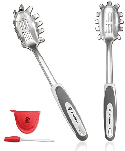 Spaghetti Spoon Server (Set Of 2) - Stainless Steel Slotted Pasta Spoon With Durable Pasta Fork, Comfortable Grip Design Pasta Server For Kitchen, Free Silicone Brush And Bonus Oven Mitt - For Gifts