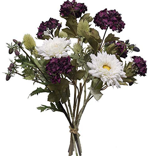 2474U Kunstblumen-Strauß Renate Künstliche Blumen im Strauß gebunden Seidenblumen Schneeball lila Aster weiß Edeldistel Dekoration Naturgetreu Witterungsbeständig Grabdekoration Grabstrauß ohne Vase