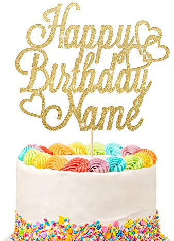 Personalised Happy Birthday Cake Topper | Customized Name Cake Decoration | Double Sided Glitter Card | Champagne Gold