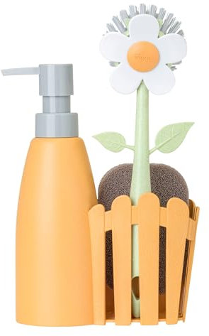 Vigar - Set Fregadero - Pack Soporte, Cepillo Lavaplatos, Esponja - 7 x 14 x 26.5 cm - Flower Power - Con Dispensador - Bandeja de 3 Piezas - Naranja