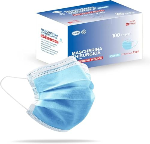 S&S Medical 100 Mascherine chirurgiche celesti 3 veli certificate CE | Dispositivo Medico di tipo 2r | Resistente agli spruzzi | 99,9% di protezione | sicure senza odore | Gancio salve orecchie