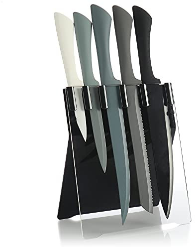 COM-FOUR® Set de couteaux 5 pièces avec support - Couteaux en acier inoxydable pour diverses applications - Couteaux de cuisine aiguisés dans un bloc de couteaux (Set7-5 pièces - bloc à couteaux)