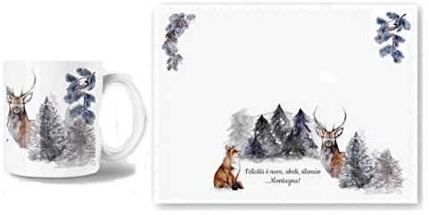 SET REGALO Tazza + Tovaglietta americana MONTAGNA INNEVATA idea regalo per Natale