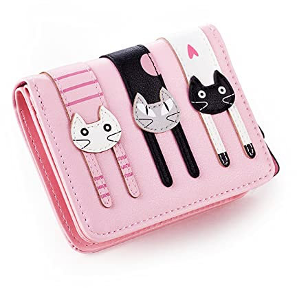 Spldsun Damen Karikatur Katzen Portemonnaie, Katze Dekoration Reißverschluss Geldbörse, Leder Kleine Geldbörse mit Reißverschluss, Geschenke für Mädchen (Rosa)