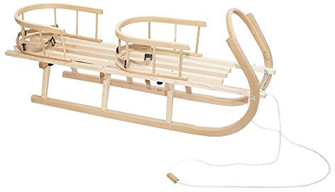 Schlitten Duo aus Holz Holzschlitten für Zwei Kinder mit Zwei Rückenlehne Rodelschlitten Davoser Schlitten aus Holz mit einem Sicherheitsgurt Rückenlehn Matratze für Kinder und Erwachsene