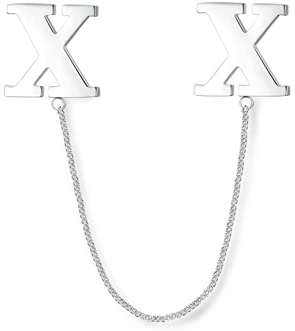 HONEY BEAR Buchstaben Brief Broschen Pins mit Kette A bis Z, Edelstahl für Herren/Damen Anzug Hemd, Geschäft Hochzeit Geschenk,Silber,MEHRWEG (X)