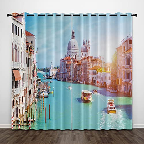 MTBDyyds Blackout Curtains For Living Room Towns Rivers Boats Window Curtains 3D Printed Blackout Curtains - 2 Panels Set - Polyester Thermal Insulated Grommet Window 200X160Cm