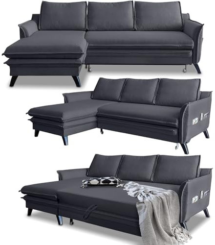 MIUFORM Ecksofa mit Schlaffunktion und Bettkasten | Charming Charlie Wohnlandschaft Mit Schlaffunktion Couch Schlafcouch Wohnzimmer Gästezimmer | Holzlfüße Boho-Stil (Anthrazit, Links ausgerichtet)