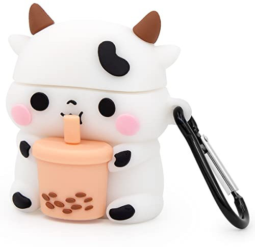 Mouzor süße Airpods Hülle, Airpods 2 Hülle, Boba Tee Kuh Lustige 3D Cartoon Tierhülle, weicher PVC-Vollschutz, stoßfest, Ladehülle mit Karabiner für Airpods 1. Generation, 2. Generation
