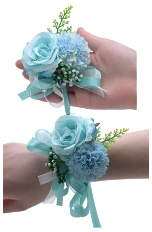 Rikyo 2 Rose Wrist Corsage & Boutonniere Set - Handmade Silk Flower for Bride, Bridesmaid, Prom, Homecoming (Blue)