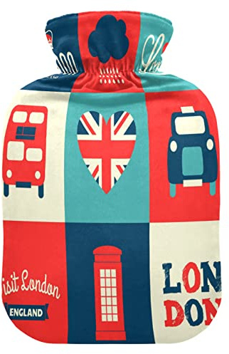 Mnsruu Cartoon British Flag Union Jack Bus Hot Water Bottle with Velvet Cover, 2L Transparent Hot Water Bag for Hand Foot Warmer Pain Relief Hot Cold Therapy Cramps