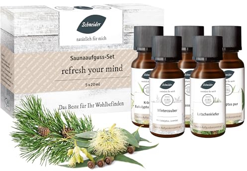 Saunabedarf Schneider - Aufgussset refresh your mind - 5 x 20 ml Inhalt - waldig-frischer Saunaaufguss, wohltuender Mix