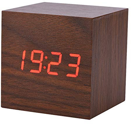 Dioche Digitaluhr, Würfel Wecker 6x6x6cm, Holz Elektronische Digital Alarm Schreibtisch Uhr Temperatur LED Display Voice Control Braunes Holz + rotes Licht