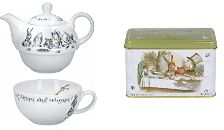 Creative Tops V&A Alice in Wonderland Teapot and Cup Set for 1 in Gift Box, Fine China Tea Set & New English Teas Alice in Wonderland Tea Caddy with 40 English Afternoon Tea Bags