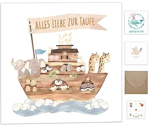 Taufgeschenke für Jungen Mädchen Patenkind, Karte Taufe mit Umschlag aus Kraftpapier,Hochwertig Taufkarten mit Taufe Sticker Deko, Glückwunschkarten zur Taufe Arche Noah, Geschenk Taufe Klappkarte