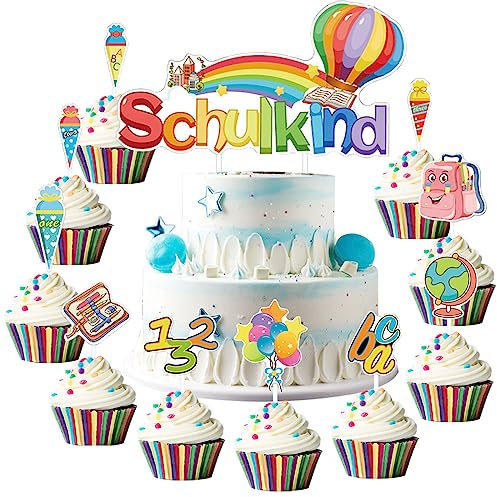 Tortendeko Einschulung Deko, 20 PCS Cake Topper Schulkind, Schulanfang Deko Cake Topper, Bunt Tortendeko Schulanfang, Deko Schulanfang Mädchen und Junge, Schulanfang Party Deko