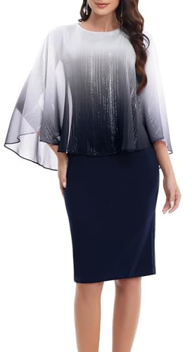 Gardenwed Abendkleider elegant Damen Rundhals Chiffon Cape Overlay Kleid Bodycon Knielang Formelle Cocktailkleider Party Hochzeitsgäste Festliches Glitzer Kleid Navy L