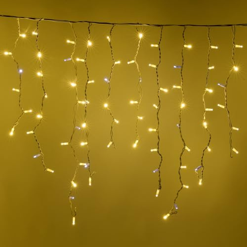 Luccika Cascata di Stalattiti Professionali, colore luci Gialle, 5 Metri con 380 Maxi LED da 8 mm, Flash Ghiaccio, Pendenti varie lunghezze fino ad 1 Metro, Prolungabile, per uso Interno/Esterno