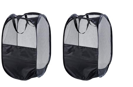 WEBEASY Laundry Basket, 2pcs Pack Foldable Laundry Hamper Pop Up with Durable Handles, Portable Mesh Washing Laundry Bag with Handle Great for Home Kids Room College Dorm Travel (Black)