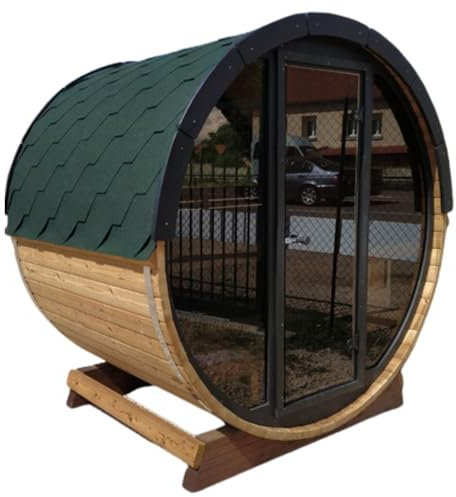 Tonneau Sauna d'extérieur en kit chaudière électrique COMPRISE, grand vitrage panoramique, bois thermo- traité, 2 à 4 personnes 1,60m x diam 1,96m / hauteur 2,15m shingle vert